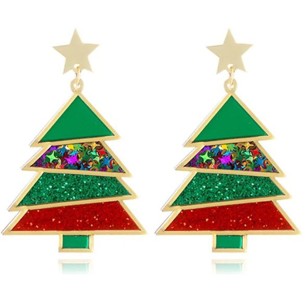 Red & Green Acrylic Christmas Earrings | Festive Holiday Tree Jewelry Gift